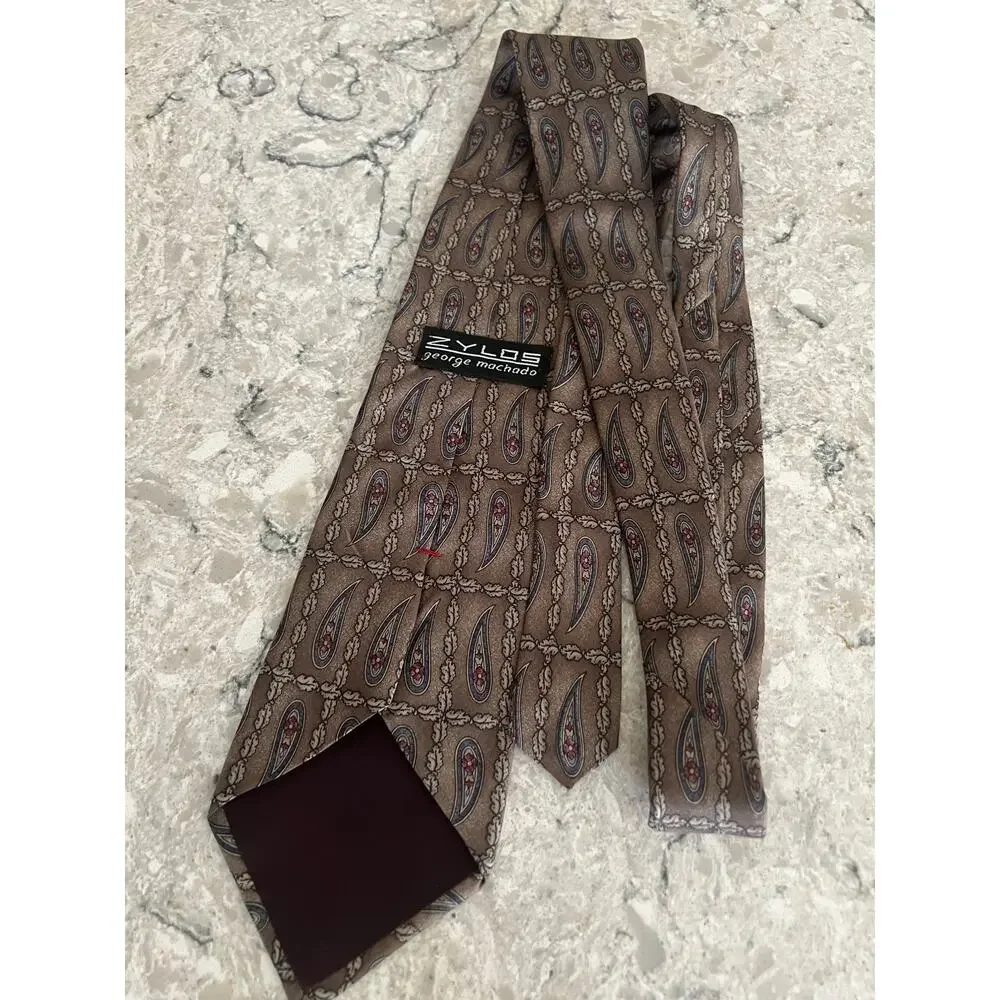 Zylos George Machado 100% Italian Silk Neck Tie Taupe Blue JL